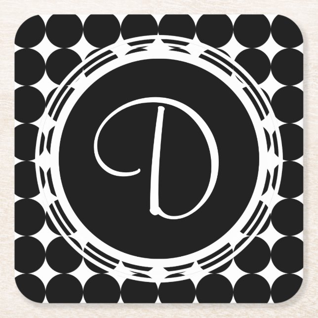 Black Polka Dot Monogram Square Paper Coaster (Front)