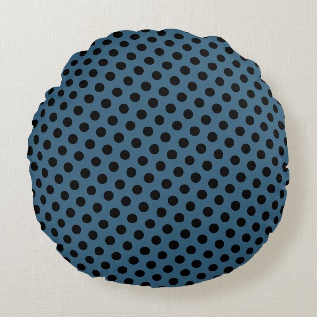 Black Polka Dot on Steel Blue Round Pillow (Front)