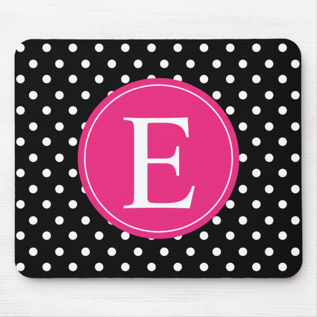 Black Polka Dot Pink Monogram Mouse Mat (Front)