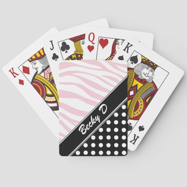 Black Polka Dot Pink Zebra Print Playing Cards (Back)