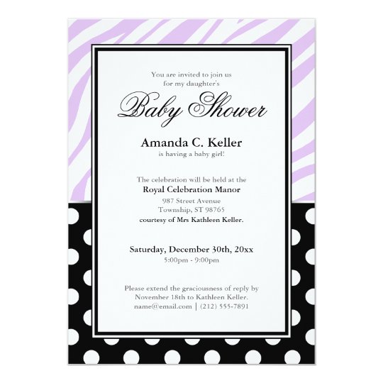 Black Polka Dot Purple Zebra Print Baby Shower Card
