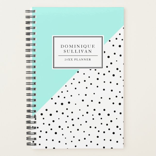 Black Polka Dots Aqua Blue Personalised Planner (Front)
