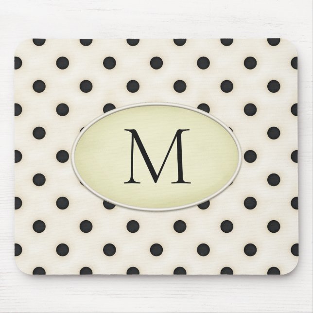 Black Polka Dots Ivory & Pale Yellow Monogrammed Mouse Mat (Front)