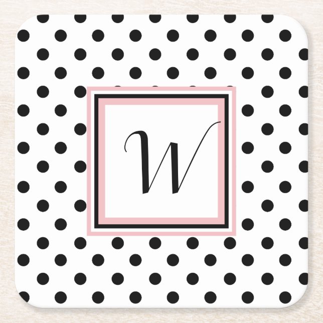Black Polka Dots Monogrammed Paper Coasters (Front)