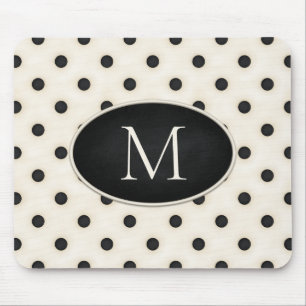 Black Polka Dots on Antique White Monogrammed Mouse Mat