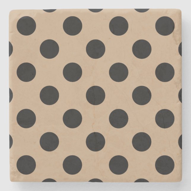 Black polka dots on beige stone coaster (Front)