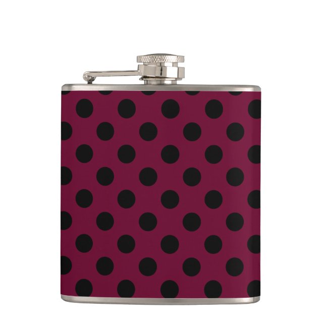 Black polka dots on burgundy hip flask (Front)