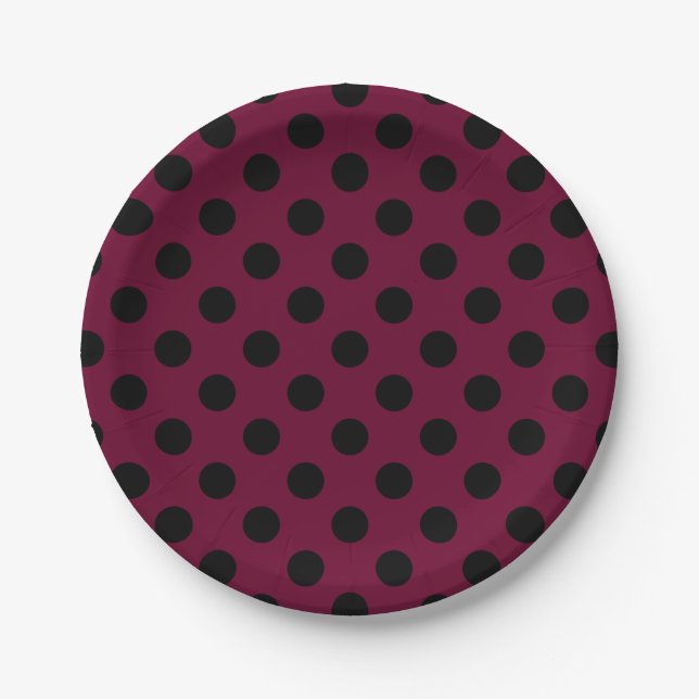 Black polka dots on burgundy paper plate (Front)