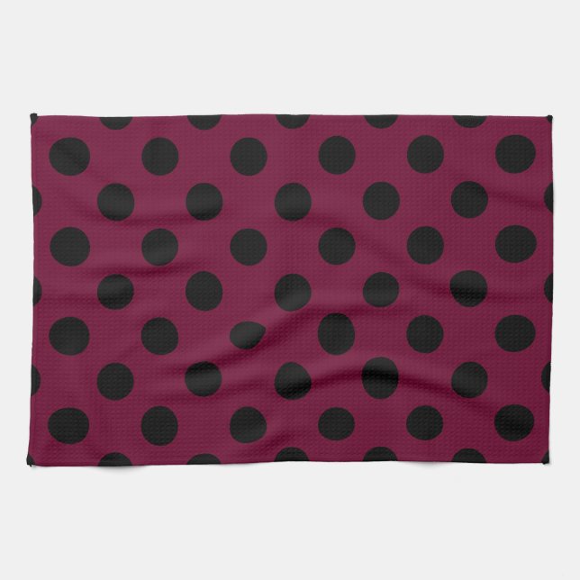 Black polka dots on burgundy tea towel (Horizontal)