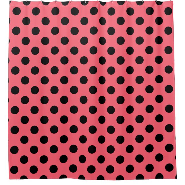 Black polka dots on coral shower curtain (Front)