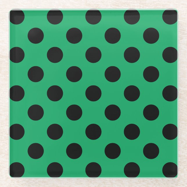 Black polka dots on fresh green glass coaster (Front)