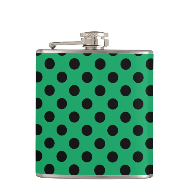 Black polka dots on fresh green hip flask (Front)