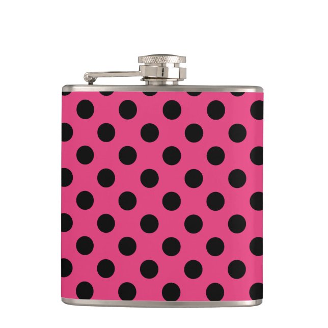 Black polka dots on fuchsia hip flask (Front)