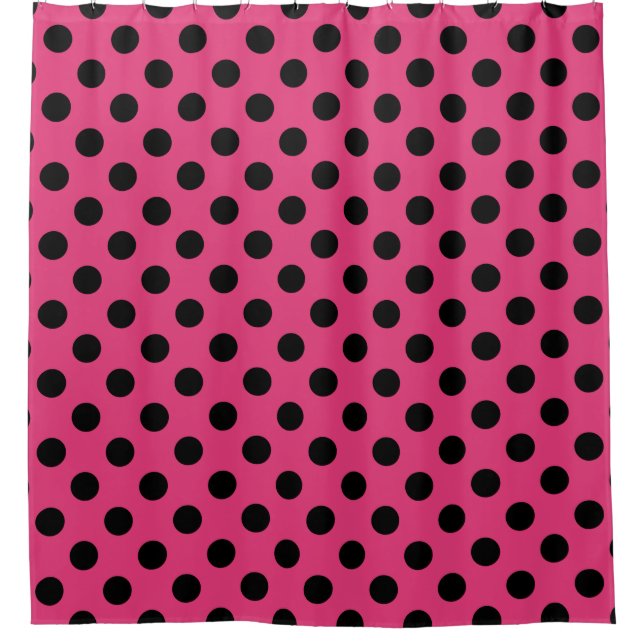 Black polka dots on fuchsia shower curtain (Front)