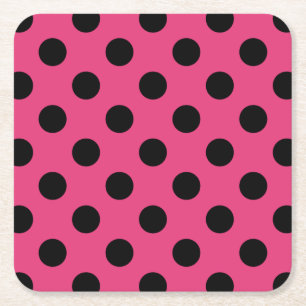 Black polka dots on fuchsia square paper coaster