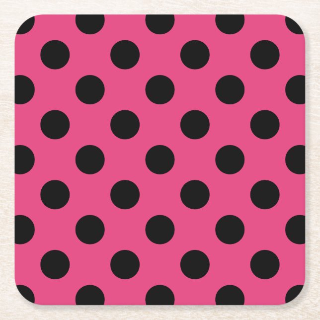 Black polka dots on fuchsia square paper coaster (Front)