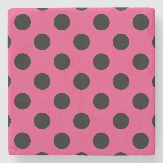 Black polka dots on fuchsia stone coaster (Front)