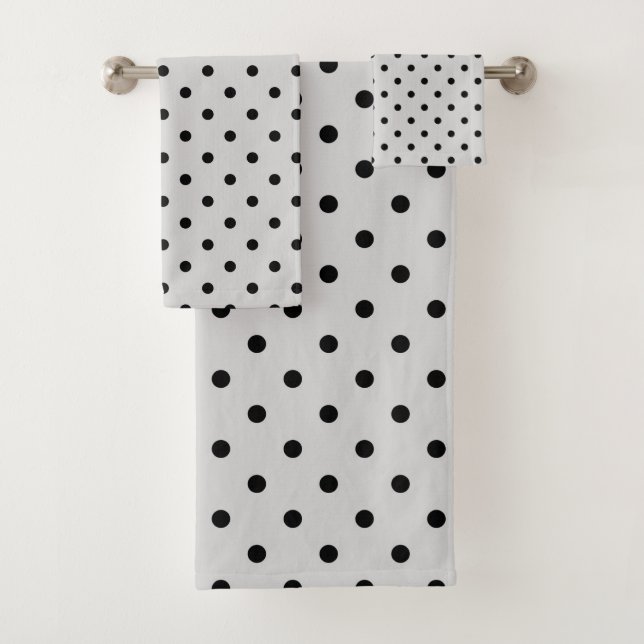 Black polka dots on gray bath towel set (Insitu)