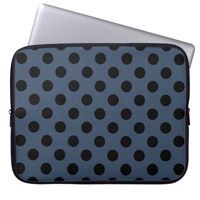Black polka dots on grey-blue laptop sleeve (Front)