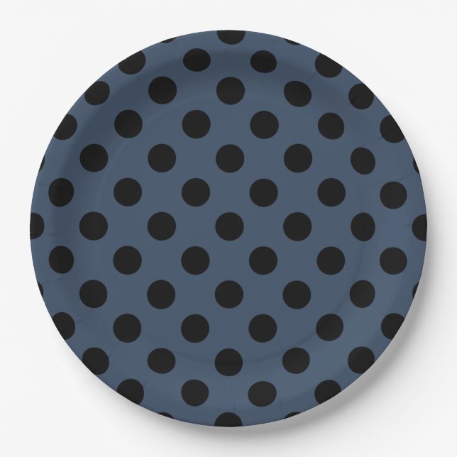 Black polka dots on grey-blue paper plate (Front)