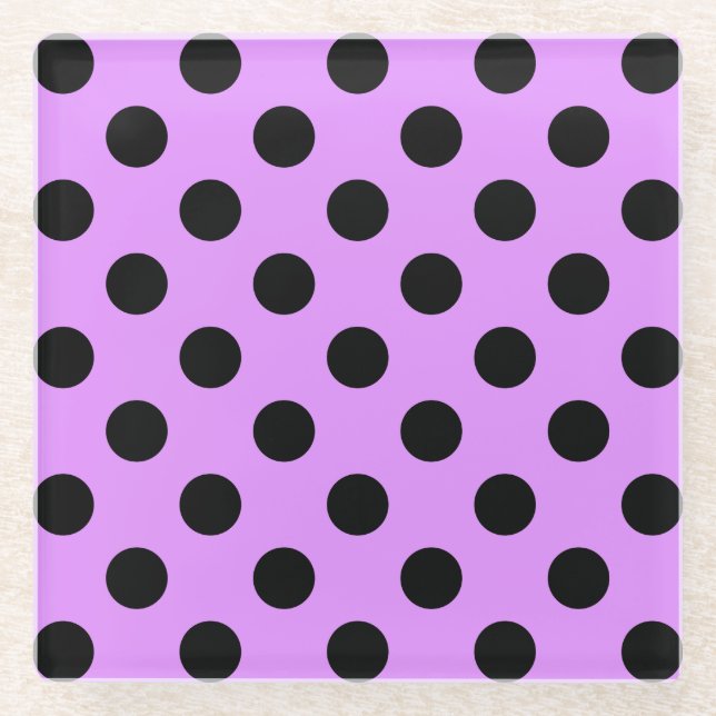 Black polka dots on lilac glass coaster (Front)
