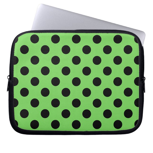Black polka dots on lime green laptop sleeve (Front)
