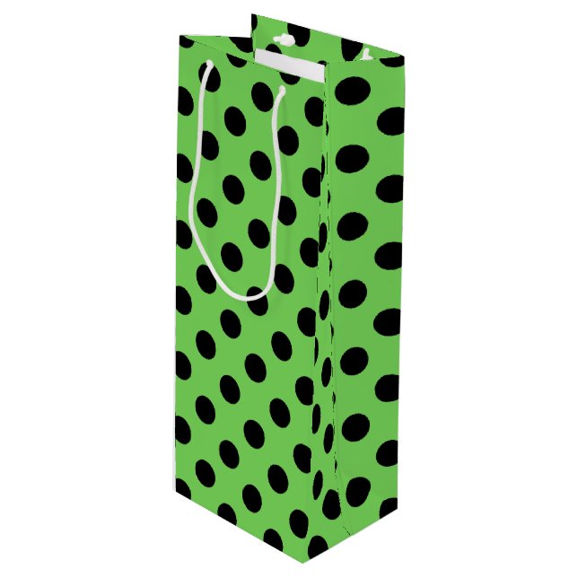 Black polka dots on lime green wine gift bag (Front Angled)