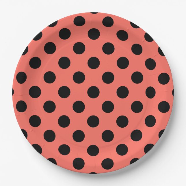 Black polka dots on living coral paper plate (Front)