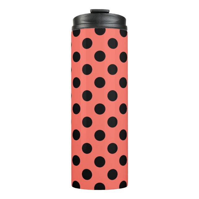Black polka dots on living coral thermal tumbler (Front)