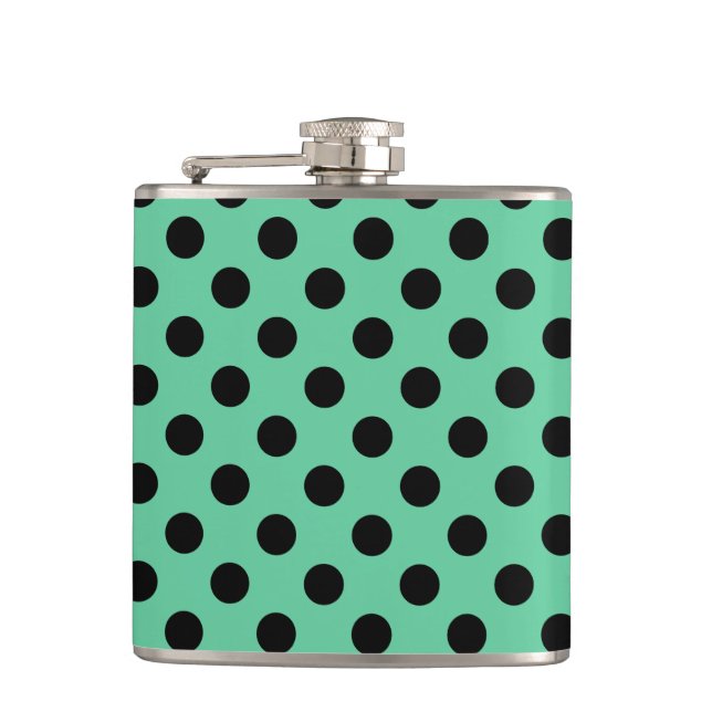 Black polka dots on mint green hip flask (Front)