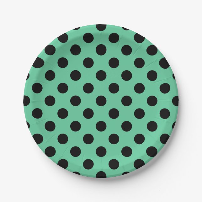 Black polka dots on mint green paper plate (Front)