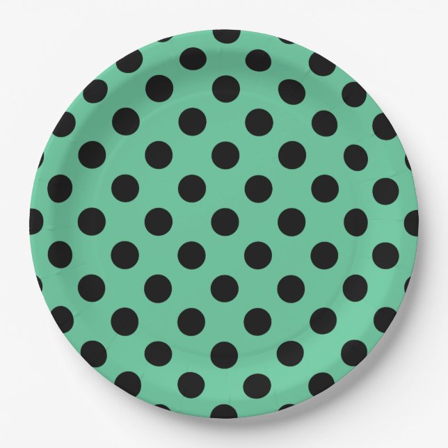 Black polka dots on mint green paper plate (Front)