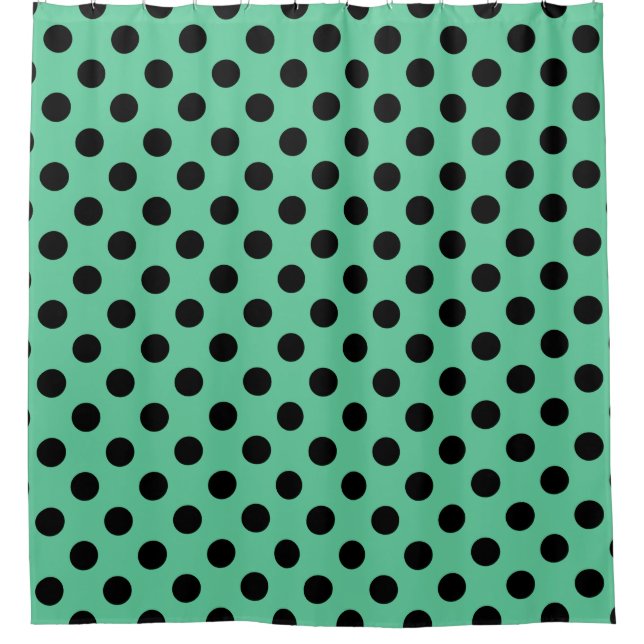 Black polka dots on mint green shower curtain (Front)