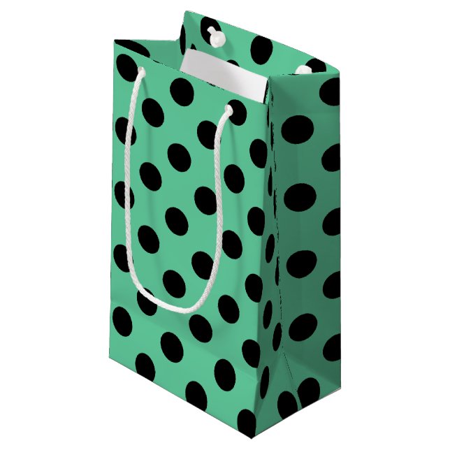 Black polka dots on mint green small gift bag (Front Angled)