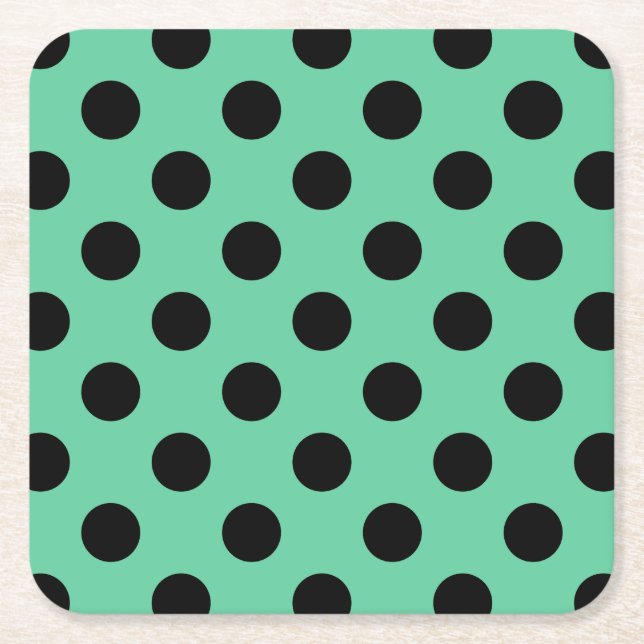 Black polka dots on mint green square paper coaster (Front)