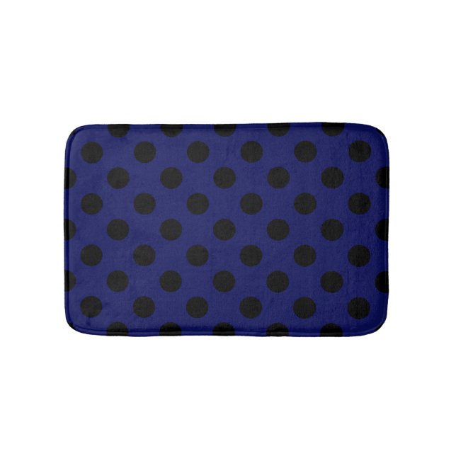 Black polka dots on navy blue bath mat (Front)