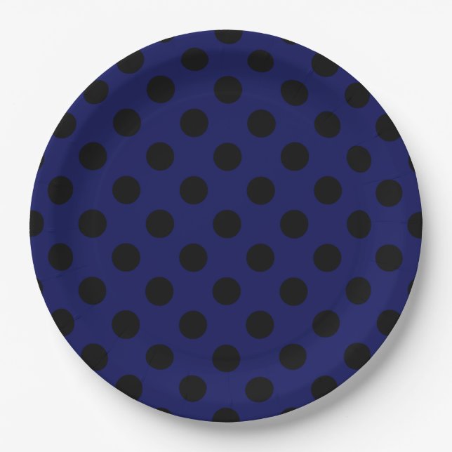 Black polka dots on navy blue paper plate (Front)