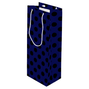 Black polka dots on navy blue wine gift bag