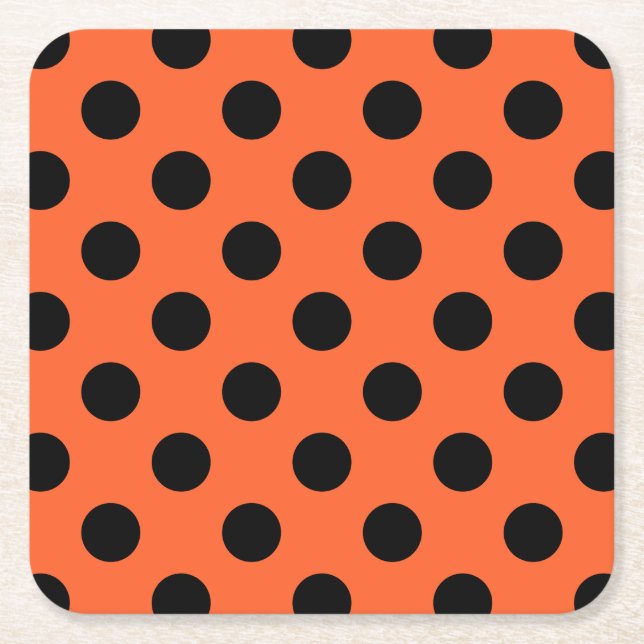 Black polka dots on orange square paper coaster (Front)