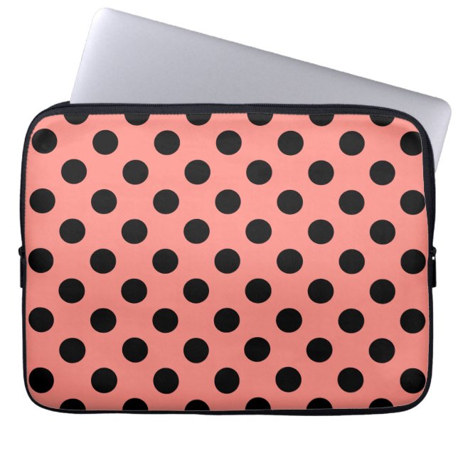 Black polka dots on peach laptop sleeve (Front)