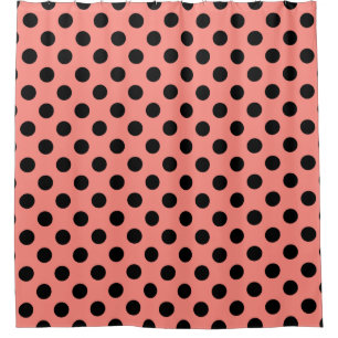 Black polka dots on peach shower curtain