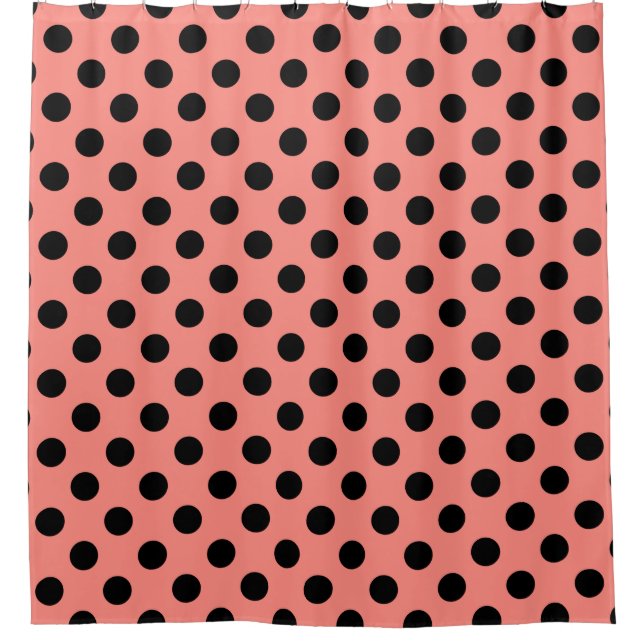 Black polka dots on peach shower curtain (Front)