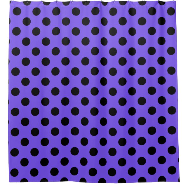 Black polka dots on periwinkle shower curtain (Front)