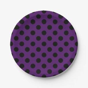 Black polka dots on plum purple paper plate