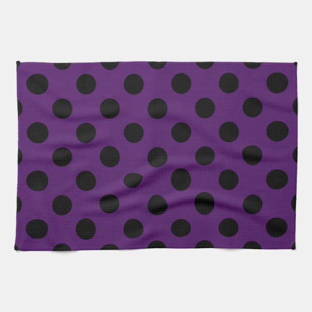 Black polka dots on plum purple tea towel (Horizontal)