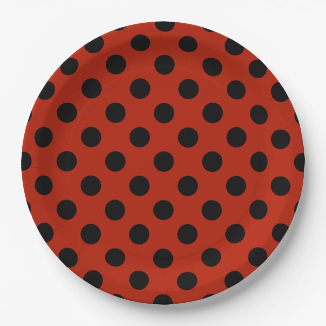 Black polka dots on red paper plate (Front)