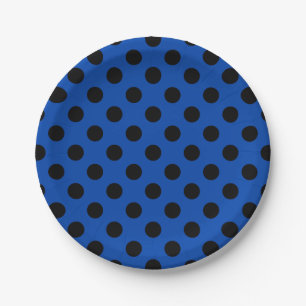 Black polka dots on royal blue paper plate
