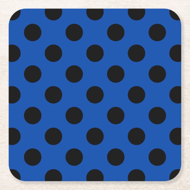 Black polka dots on royal blue square paper coaster (Front)
