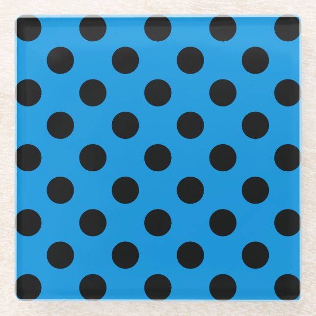 Black polka dots on sky blue glass coaster (Front)