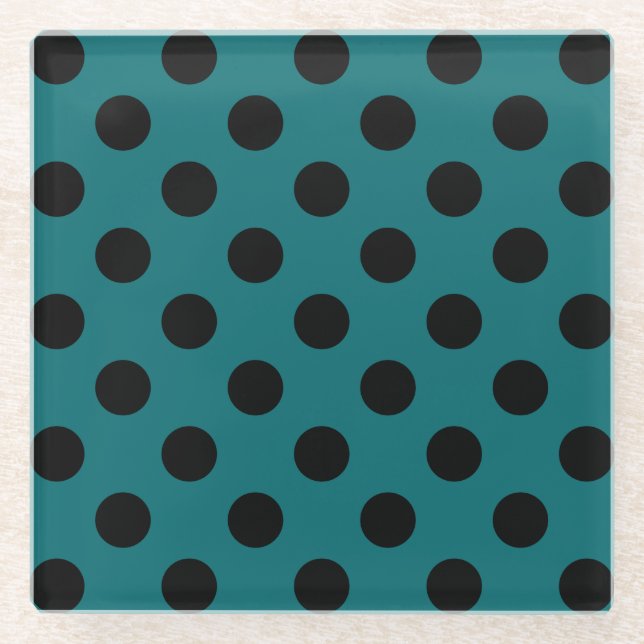 Black polka dots on teal glass coaster (Front)